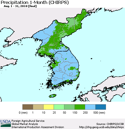Korea Precipitation 1-Month (CHIRPS) Thematic Map For 8/1/2018 - 8/31/2018