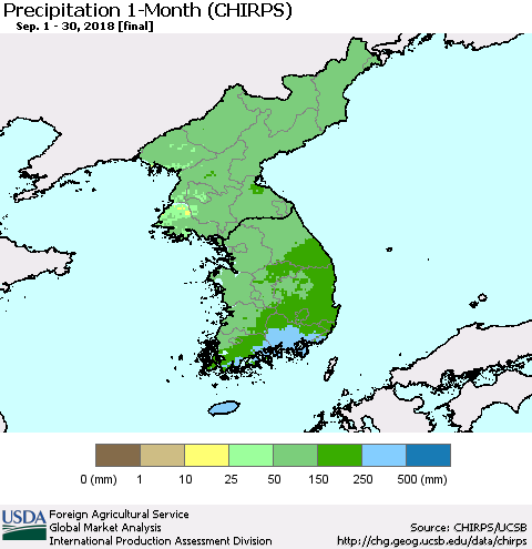 Korea Precipitation 1-Month (CHIRPS) Thematic Map For 9/1/2018 - 9/30/2018