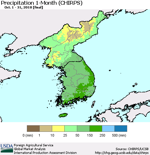 Korea Precipitation 1-Month (CHIRPS) Thematic Map For 10/1/2018 - 10/31/2018