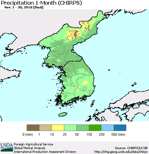 Korea Precipitation 1-Month (CHIRPS) Thematic Map For 11/1/2018 - 11/30/2018