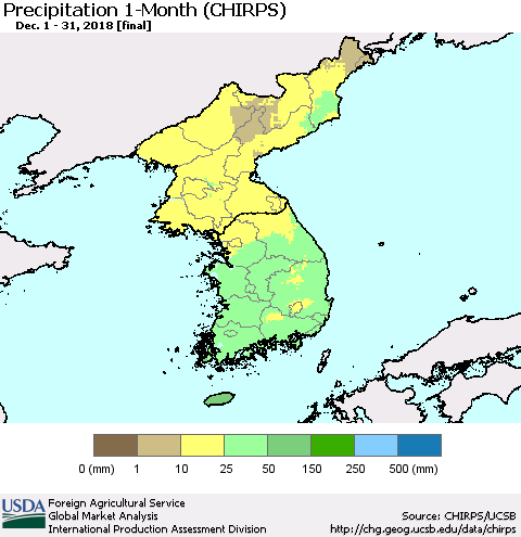 Korea Precipitation 1-Month (CHIRPS) Thematic Map For 12/1/2018 - 12/31/2018