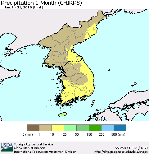 Korea Precipitation 1-Month (CHIRPS) Thematic Map For 1/1/2019 - 1/31/2019