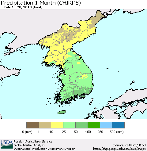 Korea Precipitation 1-Month (CHIRPS) Thematic Map For 2/1/2019 - 2/28/2019