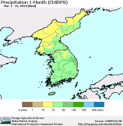 Korea Precipitation 1-Month (CHIRPS) Thematic Map For 3/1/2019 - 3/31/2019