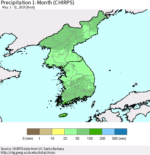 Korea Precipitation 1-Month (CHIRPS) Thematic Map For 5/1/2019 - 5/31/2019