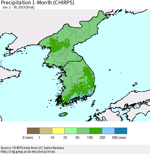 Korea Precipitation 1-Month (CHIRPS) Thematic Map For 6/1/2019 - 6/30/2019