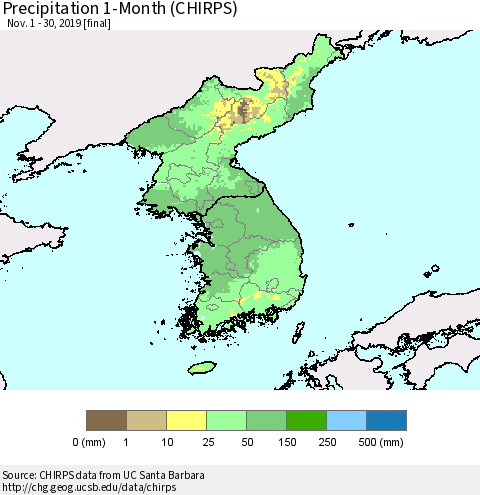 Korea Precipitation 1-Month (CHIRPS) Thematic Map For 11/1/2019 - 11/30/2019