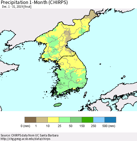 Korea Precipitation 1-Month (CHIRPS) Thematic Map For 12/1/2019 - 12/31/2019