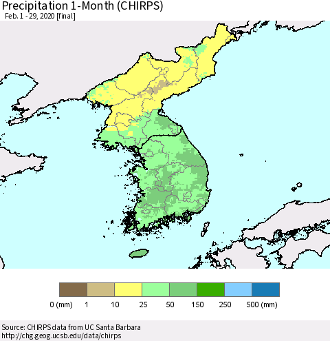Korea Precipitation 1-Month (CHIRPS) Thematic Map For 2/1/2020 - 2/29/2020