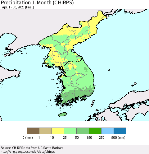 Korea Precipitation 1-Month (CHIRPS) Thematic Map For 4/1/2020 - 4/30/2020