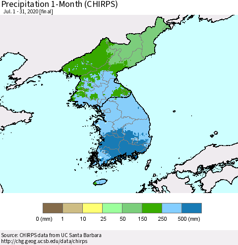 Korea Precipitation 1-Month (CHIRPS) Thematic Map For 7/1/2020 - 7/31/2020