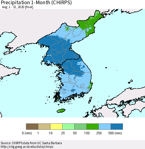Korea Precipitation 1-Month (CHIRPS) Thematic Map For 8/1/2020 - 8/31/2020