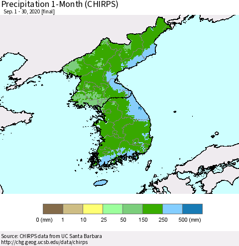 Korea Precipitation 1-Month (CHIRPS) Thematic Map For 9/1/2020 - 9/30/2020
