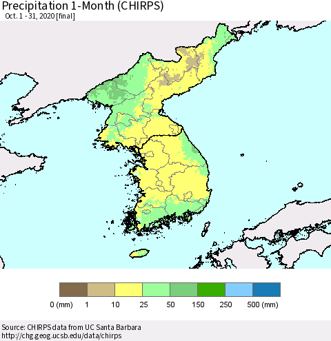 Korea Precipitation 1-Month (CHIRPS) Thematic Map For 10/1/2020 - 10/31/2020