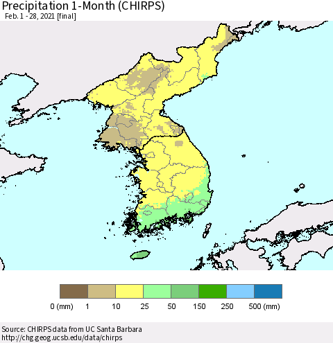 Korea Precipitation 1-Month (CHIRPS) Thematic Map For 2/1/2021 - 2/28/2021