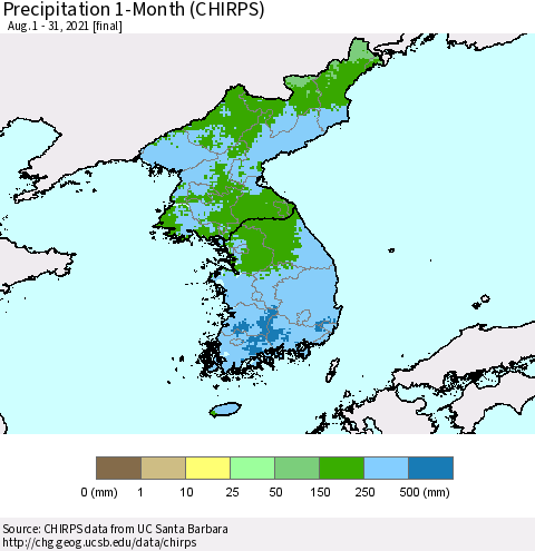 Korea Precipitation 1-Month (CHIRPS) Thematic Map For 8/1/2021 - 8/31/2021