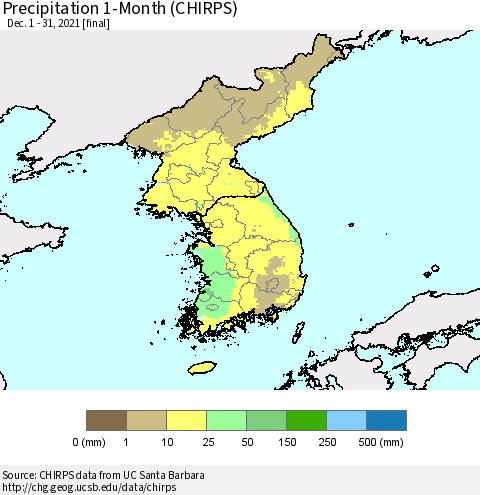 Korea Precipitation 1-Month (CHIRPS) Thematic Map For 12/1/2021 - 12/31/2021