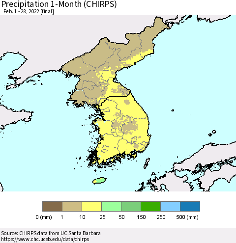 Korea Precipitation 1-Month (CHIRPS) Thematic Map For 2/1/2022 - 2/28/2022