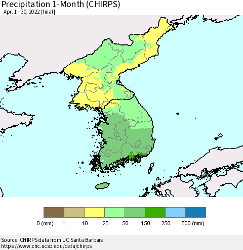 Korea Precipitation 1-Month (CHIRPS) Thematic Map For 4/1/2022 - 4/30/2022