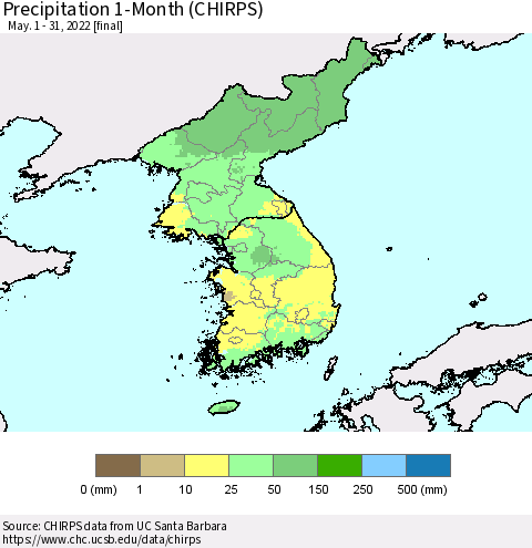 Korea Precipitation 1-Month (CHIRPS) Thematic Map For 5/1/2022 - 5/31/2022