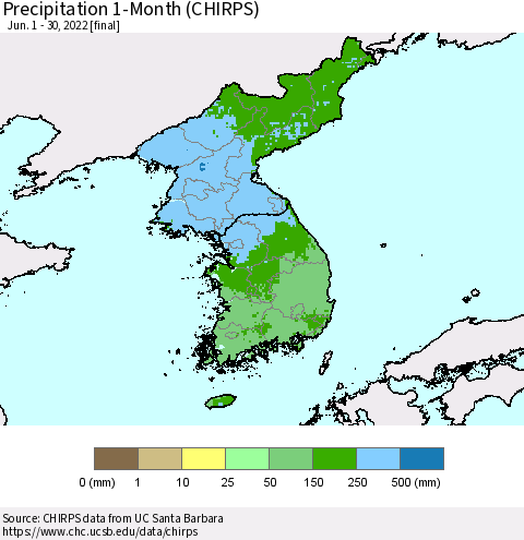 Korea Precipitation 1-Month (CHIRPS) Thematic Map For 6/1/2022 - 6/30/2022