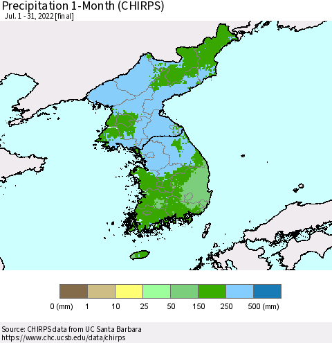 Korea Precipitation 1-Month (CHIRPS) Thematic Map For 7/1/2022 - 7/31/2022