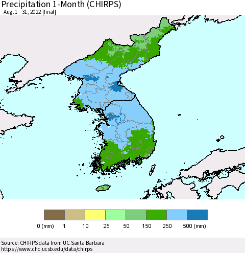 Korea Precipitation 1-Month (CHIRPS) Thematic Map For 8/1/2022 - 8/31/2022
