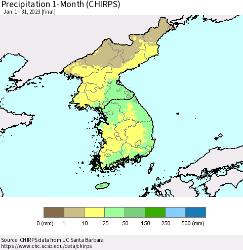 Korea Precipitation 1-Month (CHIRPS) Thematic Map For 1/1/2023 - 1/31/2023