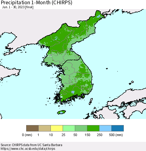 Korea Precipitation 1-Month (CHIRPS) Thematic Map For 6/1/2023 - 6/30/2023