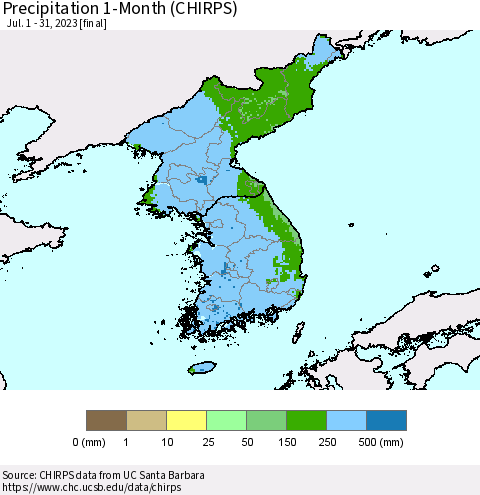 Korea Precipitation 1-Month (CHIRPS) Thematic Map For 7/1/2023 - 7/31/2023