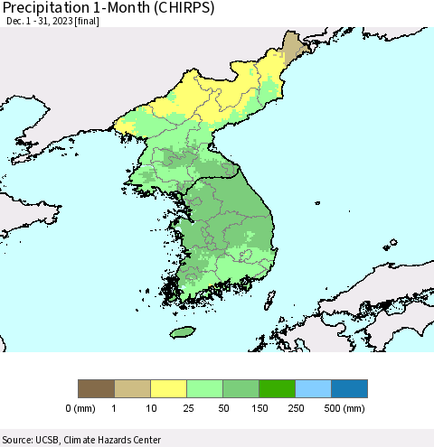 Korea Precipitation 1-Month (CHIRPS) Thematic Map For 12/1/2023 - 12/31/2023