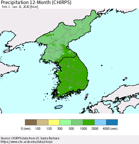 Korea Precipitation 12-Month (CHIRPS) Thematic Map For 2/1/2019 - 1/31/2020