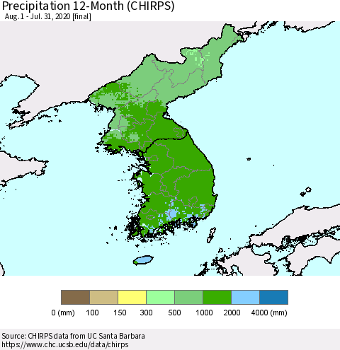 Korea Precipitation 12-Month (CHIRPS) Thematic Map For 8/1/2019 - 7/31/2020