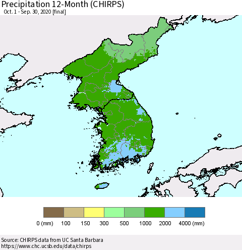 Korea Precipitation 12-Month (CHIRPS) Thematic Map For 10/1/2019 - 9/30/2020