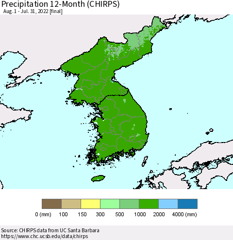 Korea Precipitation 12-Month (CHIRPS) Thematic Map For 8/1/2021 - 7/31/2022