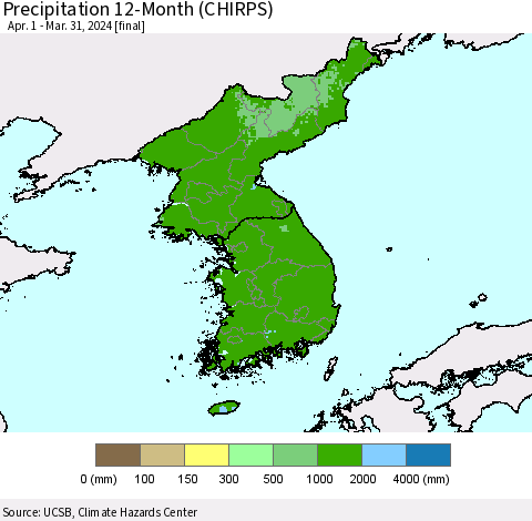 Korea Precipitation 12-Month (CHIRPS) Thematic Map For 4/1/2023 - 3/31/2024