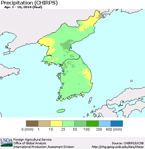 Korea Precipitation (CHIRPS) Thematic Map For 4/1/2018 - 4/10/2018
