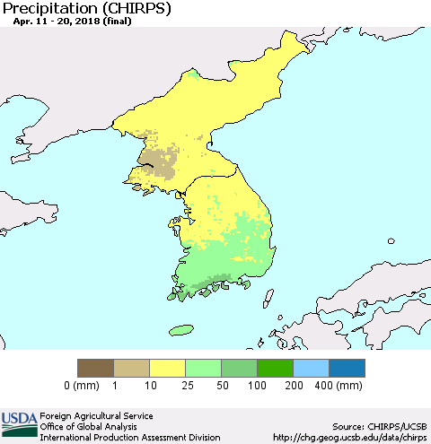Korea Precipitation (CHIRPS) Thematic Map For 4/11/2018 - 4/20/2018