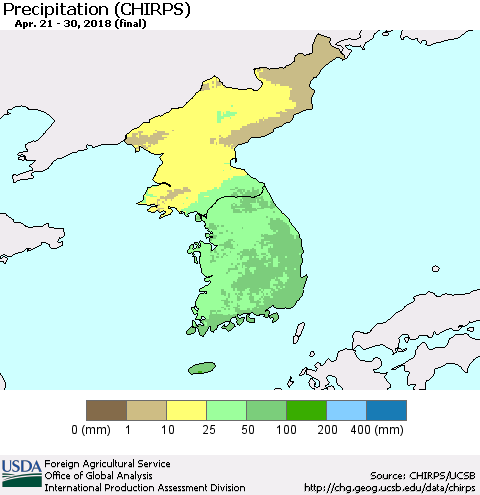 Korea Precipitation (CHIRPS) Thematic Map For 4/21/2018 - 4/30/2018