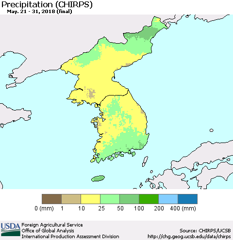 Korea Precipitation (CHIRPS) Thematic Map For 5/21/2018 - 5/31/2018