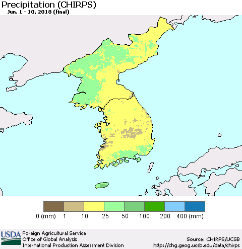 Korea Precipitation (CHIRPS) Thematic Map For 6/1/2018 - 6/10/2018