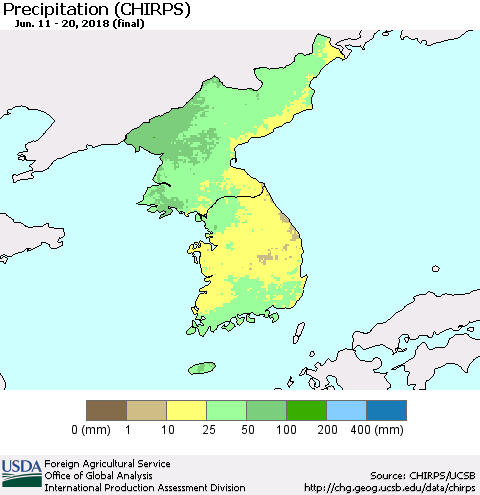 Korea Precipitation (CHIRPS) Thematic Map For 6/11/2018 - 6/20/2018