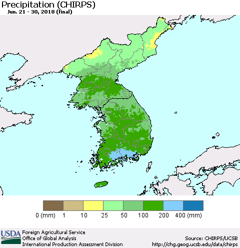 Korea Precipitation (CHIRPS) Thematic Map For 6/21/2018 - 6/30/2018
