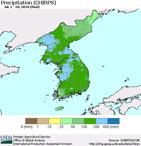 Korea Precipitation (CHIRPS) Thematic Map For 7/1/2018 - 7/10/2018