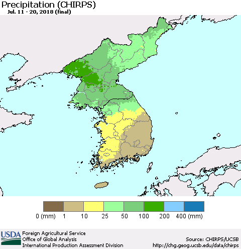 Korea Precipitation (CHIRPS) Thematic Map For 7/11/2018 - 7/20/2018