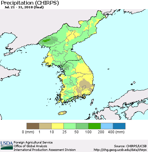 Korea Precipitation (CHIRPS) Thematic Map For 7/21/2018 - 7/31/2018