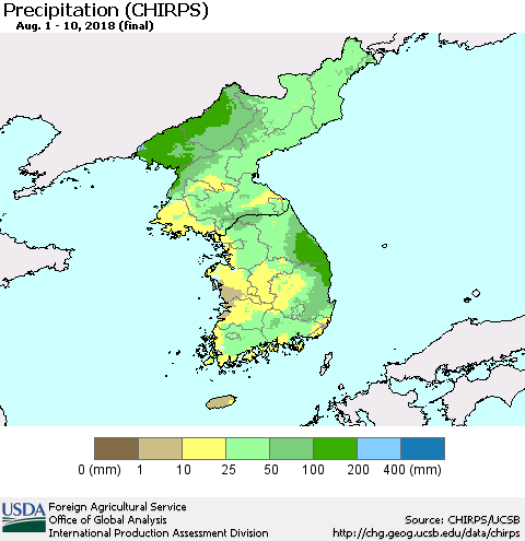 Korea Precipitation (CHIRPS) Thematic Map For 8/1/2018 - 8/10/2018