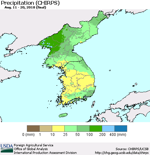 Korea Precipitation (CHIRPS) Thematic Map For 8/11/2018 - 8/20/2018
