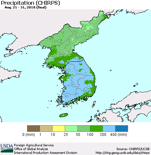 Korea Precipitation (CHIRPS) Thematic Map For 8/21/2018 - 8/31/2018