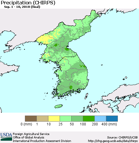 Korea Precipitation (CHIRPS) Thematic Map For 9/1/2018 - 9/10/2018